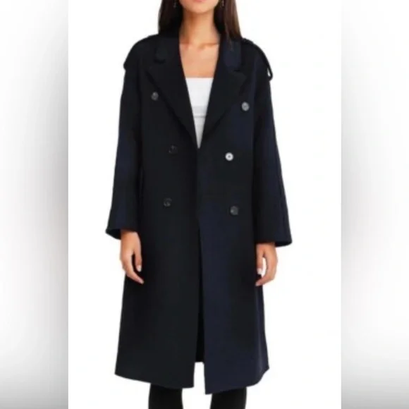 100 % Wool Dark Navy Double-Breasted Women's Trench Coat - Picture 1 of 16
